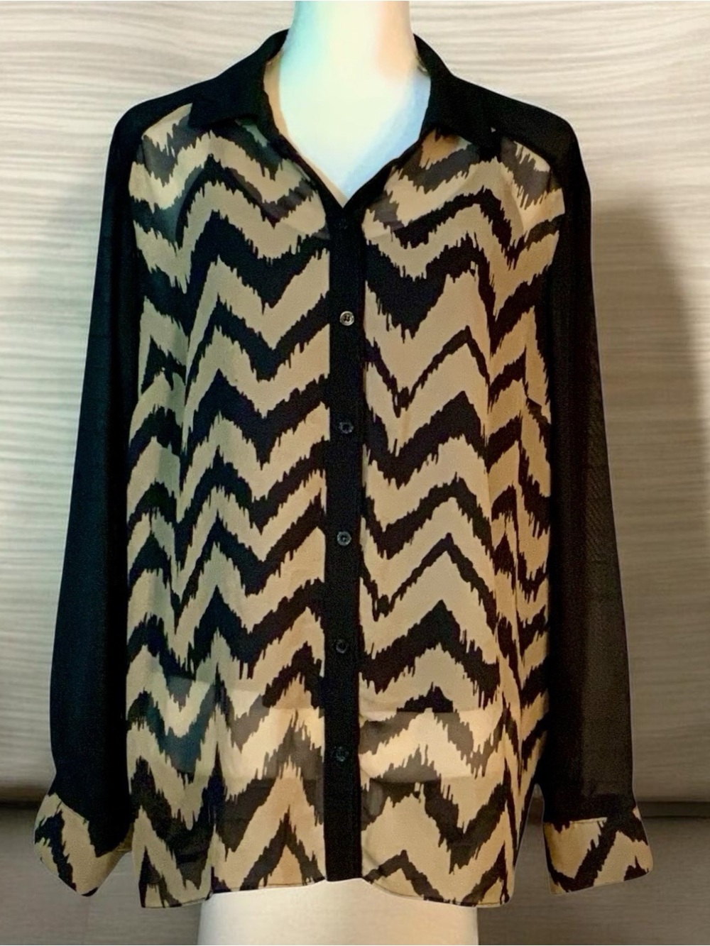 AGB Black and Tan Chevron Sheer Button-Down Blouse with Black Cami